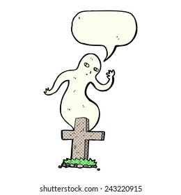 cartoon ghost rising from grave with speech bubble