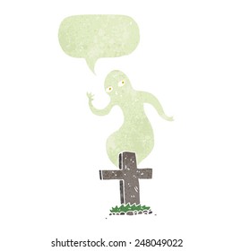cartoon ghost rising from grave with speech bubble