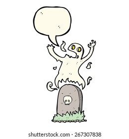 cartoon ghost rising from grave with speech bubble
