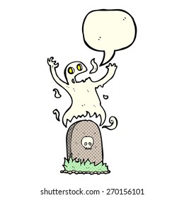 cartoon ghost rising from grave with speech bubble