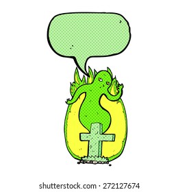 cartoon ghost rising from grave with speech bubble