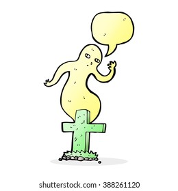cartoon ghost rising from grave with speech bubble