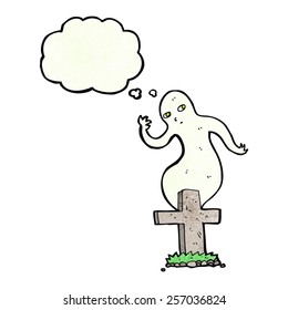 cartoon ghost rising from grave with thought bubble