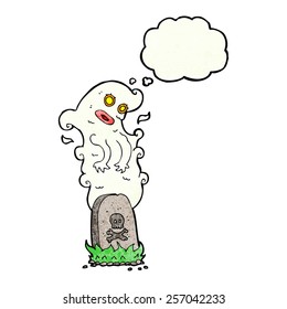 fantasma de la caricatura saliendo de la tumba con burbuja de pensamiento