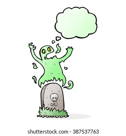 fantasma de la caricatura saliendo de la tumba con burbuja de pensamiento