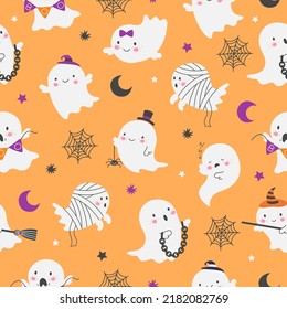 Cartoon ghost seamless pattern  Ghostly party texture  creepy horror funny ghosts   spider web  Cartoon halloween nowaday vector background