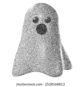 Cartoon ghost silhouette in grain stipple style. Grunge monochrome dotworks elements. Trendy modern vector illustration.