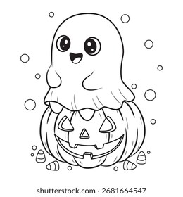 Cartoon of a ghost sitting on a pumpkin on Halloween. For coloring.
