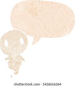 cartoon ghost with speech bubble in grunge distressed retro textured style