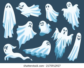 Cartoon ghost. Spooky Halloween spirit, poltergeist characters, angry and happy ghosts in white cloth vector illustration set. Mysterious nightmare with frightening face expressions