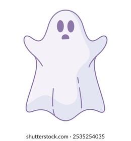 Cartoon ghost with surprised face raising arms in fear, Vector