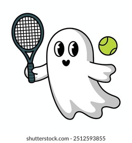 Ilustración de raqueta de tenis de balanceo de fantasma de dibujos animados