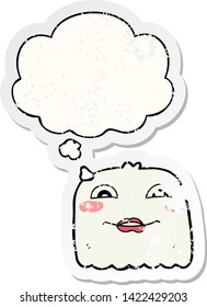 fantasma de dibujos animados con burbuja de pensamiento como pegatina gastada angustiada