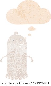 cartoon ghost with thought bubble in grunge distressed retro textured style