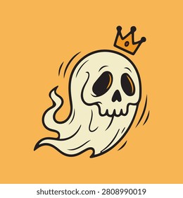Cartoon ghost wearing crown, smiling and moving fast