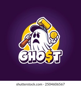 cartoon ghost wearing hat with scared face holding big hammer and gold coins on purple background