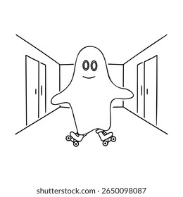 Fantasmas de desenhos animados vestindo patins de rodas em um corredor com portas de patinação halloween