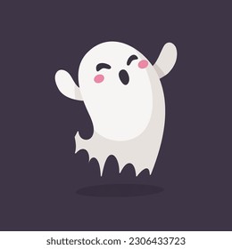 Cartoon ghost in white robe floating Haunt and scare people on Halloween night.