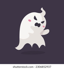 Cartoon ghost in white robe floating Haunt and scare people on Halloween night.