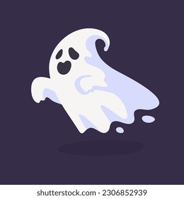 Cartoon ghost in white robe floating Haunt and scare people on Halloween night.