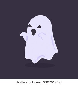 Cartoon ghost in white robe floating Haunt and scare people on Halloween night.