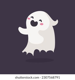 Cartoon ghost in white robe floating Haunt and scare people on Halloween night.