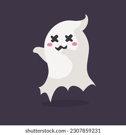 Cartoon ghost in white robe floating Haunt and scare people on Halloween night.
