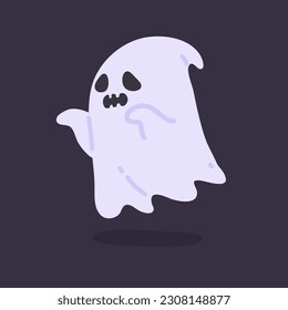 Cartoon ghost in white robe floating Haunt and scare people on Halloween night.