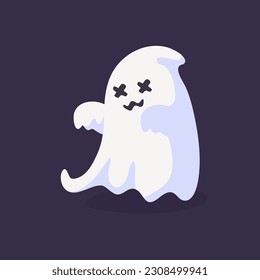 Cartoon ghost in white robe floating Haunt and scare people on Halloween night.