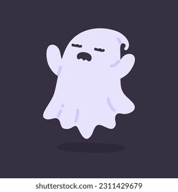 Cartoon ghost in white robe floating Haunt and scare people on Halloween night.