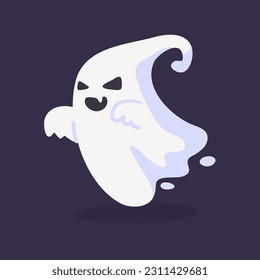Fantasma de caricatura con bata blanca flotando en Haunt y asustando a la gente en la noche de Halloween.