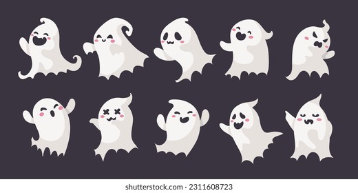 Cartoon ghost in white robe floating Haunt and scare people on Halloween night.