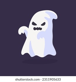 Cartoon ghost in white robe floating Haunt and scare people on Halloween night.