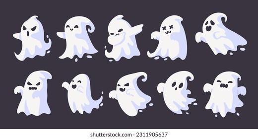 Cartoon ghost in white robe floating Haunt and scare people on Halloween night.