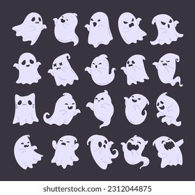 Cartoon ghost in white robe floating Haunt and scare people on Halloween night.