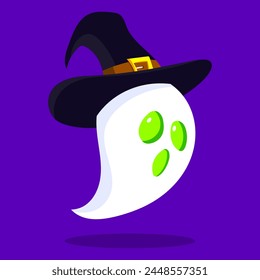 Cartoon ghost in witch hat. Happy Halloween concept. Flying ghost hand drawn illustrations on purple background. Vector EPS 10