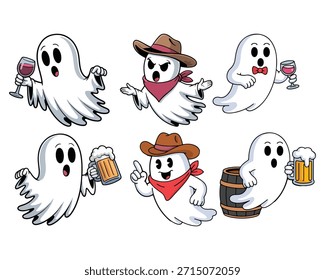 Fantasmas de dibujos animados sosteniendo bebidas y usando sombreros blancos