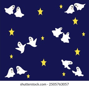 Cartoon ghosts on blue background, simple pattern for fabric printing, banner, Halloween background with white ghosts and stars in the night sky. Handmade.