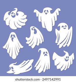 Cartoon ghosts. Set of templates for laser cutting from paper, wood, cardboard, metal. Funny decorations for Halloween decorations, cards, greetings, stickers, stencils, scrapbooking, etc. Vector illu