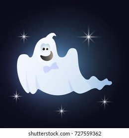 Cartoon Ghosts silhouette for Halloween night background. Happy ghost with a bow tie.  Vector illustration.
