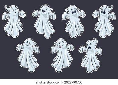 Cartoon Ghosts Stickers Set. Collection of hand drawn halloween cute spooks. Premium Vector