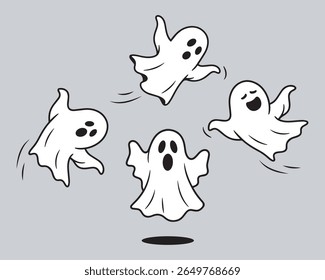 Cartoon Ghosts Vector, Four Playful Floating Ghost Characters, Cute Halloween Illustration