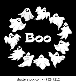 Cartoon  ghosts wreath . Spooky and scary holiday monster design . Costume silhouette ghost  creepy, funny and cute spooky night symbol. Retro style vector illustration