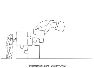 Cartoon of giant hand connect last jigsaw puzzle to office businesswoman worker. Metaphor for team building, leadership, teamwork, business partner. One line art style
