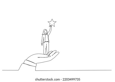 Cartoon of giant hand helping a businesswoman to reach out for the stars. One line art style
