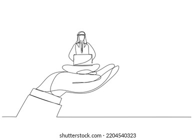 Cartoon of giant hand holding a arab man who works on laptop, metaphor for employee care, corporate support. Continuous line art style
