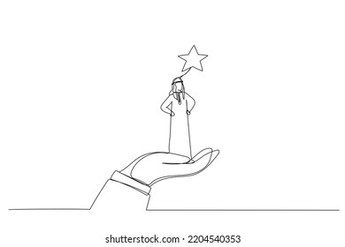 Cartoon of giant hand lifting up a arab businessman to the stars. Single continuous line art style
