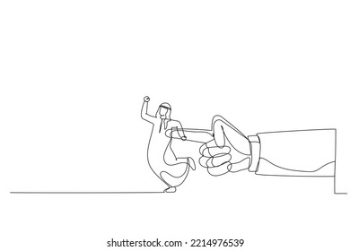 Cartoon of giant hand pushing arab man. Metaphor for giving the push at work. Continuous line art style
