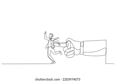 Cartoon of giant hand pushing businessman. Metaphor for giving the push at work. Continuous line art style
