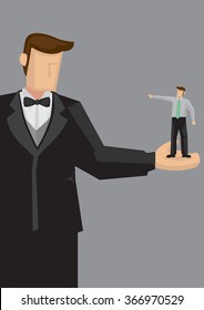 Cartoon giant man in formal suit and bow tie with a small man on his palm pointing at him. Creative vector illustration isolated on grey background.